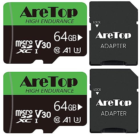 Aretop Micro SD Karte 64GB 2er Pack,Speicherkarte Micro SD+2 Adapter,UHS-I,U3,C10,A1,V30,4K UHD Full HD-Videoaufnahme Micro SD Memory Karte für Kamera/Smartphone/Drohne/Dash Cam,Bis zu 90 MB/s