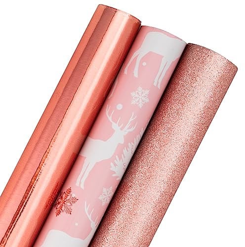 Holijolly Weihnachtspapierrolle - Minirolle - Rentier/Rose Gold Metallic Papier/Gold Glitter Papier für Geschenkpapier, DIY Bastelarbeiten - 43.2cm×305cm - 3 Rollen (42.5 sq.ft.ttl.)