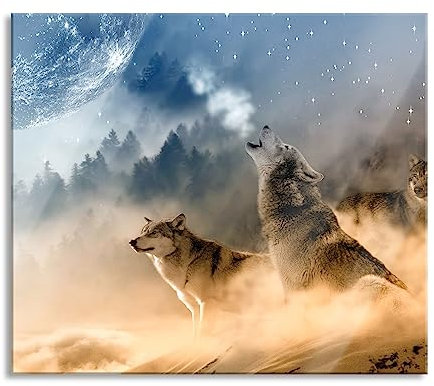 Wölfe in der Wüste heulen Vollmond an Herdabdeckplatte & Spritzschutz aus Echtglas | Für Herd-Kochfelder | 60x52 cm