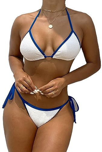 Tainehs Maillot de bain dos nu sexy pour femme, bikini avec haut triangle et string avec attaches à nouer sur les deux côtés