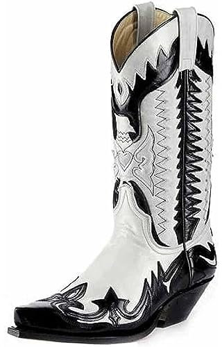 DJFOG Bottes de Chevalier pour Hommes, Bottes de Motard brodées, Bottes Hautes Vintage, Style Cowboy Occidental, Bottes de Moto à Bout Pointu,Blanc,42 EU
