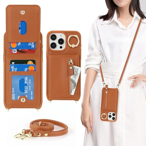 Zouzt for iPhone 15 Pro Max Case with Cord and Card Holde, Zipper Wallet Case with Crossbody Lanyard Ring Adjustable Necklace Protective Cover Women for iPhone 15 Pro Max 6.7 Inch - Brown