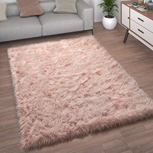 Paco Home Kunstfell Fellteppich Imitat Teppich Hochflor Sitzkissen Herzform Rund Fell Form, Grösse:120 cm Rund, Farbe:Rosa