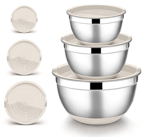 Joyfair Rührschüssel 3er Set, Edelstahl Schüssel mit Luftdichtem Deckel & Rutschfestem Boden, Salatschüssel Set für Küche/Backen/Kochen/Zubereitung, Spülmaschinenfest - 4.6L / 2.8L / 1.2L (Khaki)
