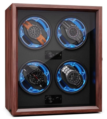 KLARSTEIN - Caricatore per 4 Orologi Automatici con sportello in Acrilico, Carica Orologi Automatico con LED Blu, Watch Winder Elegante con 4 impostazioni TPD per Orologi Automatici