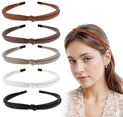 Nogeqi 5 Stück Leather Headbands Leder Stirnband Thin dünne Lederdünne Headbands Stirnband Rutschfeste Leder Haarbänder für Frauen und Mädchen