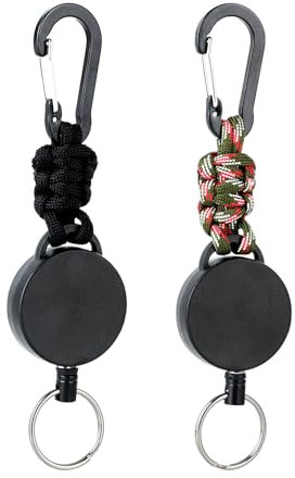 2 llaveros con cordón de acero inoxidable de 65 cm, llavero retráctil para identificación, tarjetas de acceso, llaves, etc. (camuflaje negro), negro, camuflaje, Black Camuflaje