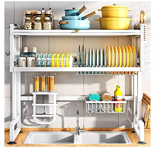 Stendibiancheria per stoviglie a 2 strati sopra il lavandino, utilizzato per l'organizzatore del bancone della cucina, scaffale per riporre e scolare, ganci per staffa (Bianco 95x31x79,5 cm