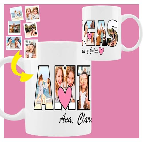 ELISA BOTELLA Taza personalizada con collage de fotos, taza de ceramica con fotografias, recuerdo original para mejores amigas (Taza Collage fotos AMIGAS)