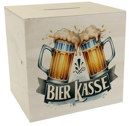 Bier Spardose aus Holz mit Spruch Bier Kasse Bierkrüge anstoßend mit lustigem Schriftzug Bier Kasse - Originelle Spardose aus Holz für Bierliebhaber perfekt für jedes Getränk