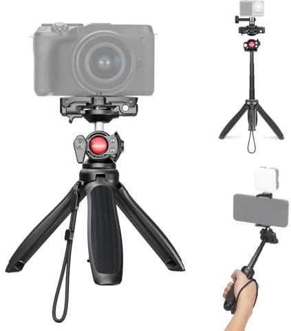 NEEWER TP38 Phone Camera Tripod, 15 Extendable Selfie Stick Metal Tripod Stand with Phone Holder, Action Camera Adapter Compatible with Hero 12 11 10 9, 360° Ball Head Travel Tripod for Vlogging