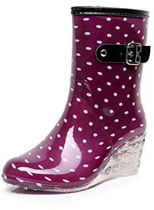 Stivali da donna con tacco alto impermeabili con cerniera | Stivali da pioggia da donna con motivo a pois nero etichetta bianca, T 133 Viola, 36 EU