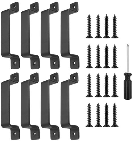 SAMSYOKI 8 Pièces Poignée de Porte de Grange Coulissante Noire Poignée de Porte en Fonte Vintage Poignée Meuble avec Vis et Tournevis pour les Abris de Porte, Garages Armoires Placard