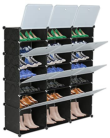 LEADZM Schuhregal Schuhschrank Schuhaufbewahrung mit Türen, Stahlrahmen und Kunststoff – für Flur, Schlafzimmer, Eingangsbereich (schwarz-weiße Tür, 3 Reihen 7 Etagen)