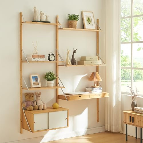 [en.casa] Étagère Murale Style Scandinave avec 5 Tablettes 2 Tiroirs Placard à 2 Portes Coulissantes Élements Réglables en Hauteur avec Trous Prépercés Bambou 176 x 147 x 34 cm Naturel