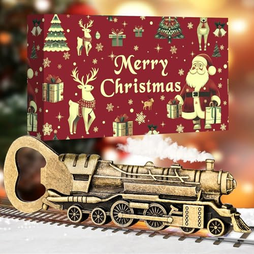 LKKCHER Weihnachts Geschenke Dampfzug Dampflokomotive Flaschenöffner, Weihnachts Geschenke für Männer Papa Zug Fans, Weihnachts Eisenbahn Geschenke, Bronze mit Weihnachtsverpackung und Weihnachtskarte