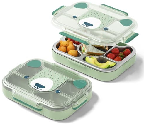 monbento - Kinder Lunchbox Wonder grün Bear - Brotdose Kinder mit Fächern - Edelstahl-Esstablett mit Deckel - Perfekt für Schule/Picknick - BPA Frei - Lebensmittelecht - Grün