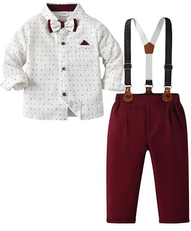 Volunboy Baby Jungen Anzug Set Bekleidung, Kleinkind Langarm Hemd mit Fliege + Hosenträger Hosen 4 Stück Anzug (3-4 Jahre,Rot Gedruckt,Größe 110)