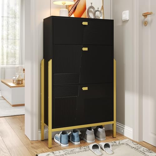 ModernLuxe Armoire à chaussures avec tiroir, double étagère à chaussures, poignées et pieds dorés, portes pliantes, design à fond ouvert, design moderne et luxueux, 65 x 25 x 120,5 cm, noir