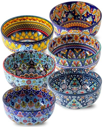 glowworm Cereal Bowls Set of 6, 26 Oz Ceramic Soup Bowls for Kitchen, Colorful Cereal Bowls for Rice, Oatmeal, Fruit, Ice Cream, Dessert, Dishwasher & Microwave safe, Bohemian