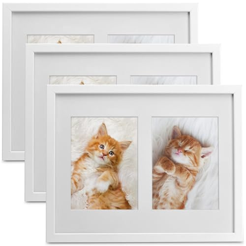 bomoe 3er Set Bilderrahmen Collage für 2 Fotos aus Holz mit Passepartout | 9x13cm Weiß Kunststoffglas Metall-Aufhängung Fotorahmen für Multirahmen Fotocollage Wand mehrere Galeria