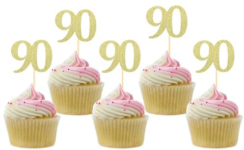 Sotpot 30PCS Gold Glitter 90th Birthday Cupcake Toppers Cheers to 90 Years Cupcake Picks for 90th Birthday Anniversary Party Decorations
