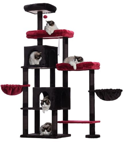Hey-brother Arbre à Chat XXL pour Grands Chats, 180 cm de Haut, Stable, élargi à Droite, avec 3 Plateformes Confortables, 3 Grandes niches et 2 paniers à Chat, Noir rougeâtre EMPJ038BR