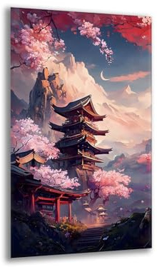 Generico Stampa su Tela Paesaggio Giapponese Montagne, Arte Orientale Pagoda Ciliegi, Quadro Panoramico, Soggiorno Camera da Letto, Natura e Armonia, Regalo Elegante, Decorazione Murale.