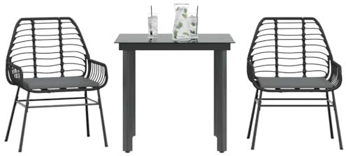 Homgoday 3-TLG. Garten-Essgruppe mit Kissen Schwarz Poly Rattan Glas Gartengarnitur Sitzgruppe Gartentisch mit Stühle Esszimmergruppe Balkonmöbel Gartenmöbel für Terrasse Balkon