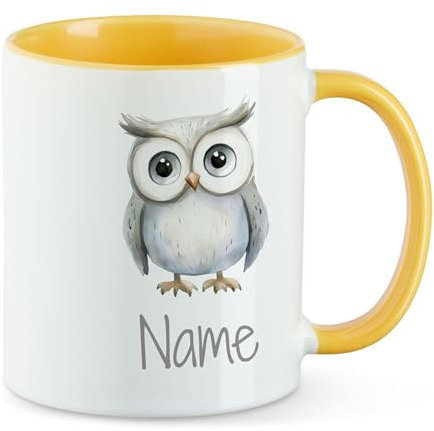 GRAZDesign Personalisierte Kinder Tasse mit Eule- Gelbe Kaffeebecher mit Namen Keramik 330ml