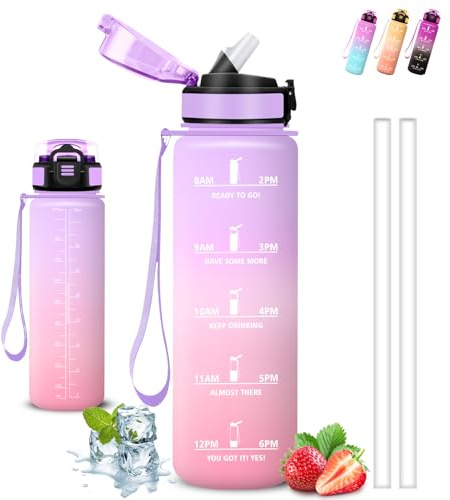 Gourde, Gourde 1l, Bouteille Sport, Anti Fuite, Bouteille Graduée pour 1 Journee, Facile à Transporter, avec Slogan de Motivation, pour École, Camping, Sports, Randonnée, Yoga, Bureau