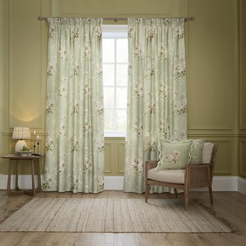 Sanderson Adele Room Darkening Pencil Pleat Curtain Pair – Botanical Floral Peony Lined Chenille Drapes (Sage - 168x137cm)