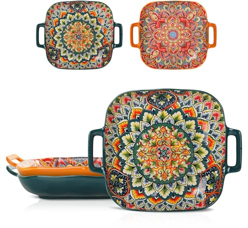 DDIKTH Ceramic Serving Platter with Handles,Bohemian Ceramic Plate,Square Dinner Plate,Colorful Salad Dish,Retro Fruit Plate (Green + Orange)