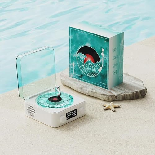 Waves Vinyl Speaker, Waves Vintage Vinyl Bluetooth Speaker with Adjustable Ambient Lights, Wireless Vinyl Player with Time for Bedroom, Office, Party (Blue)