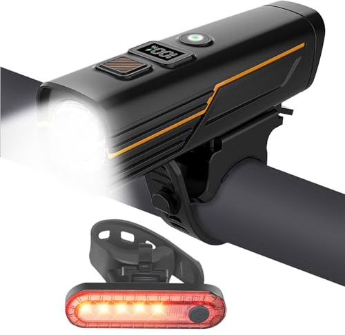 EBUYFIRE USB Rechargeable Bike Lights Set with Digital Display & Light Sensor, Super Bright Front Light & 5-LED Rear Tail Light, IPX5 Waterproof Bicycle Front & Back Light for Cycling