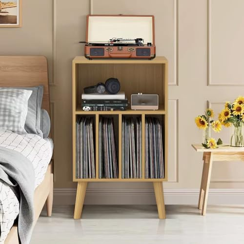 Design HiFi Rack aus Holz, Multifunktionales Ablageregal Vintage Medienregal aus Holz, Offenes Audio Rack mit Fächern, Massivholz Schallplatten Regal(Yellow,Solid Wood)