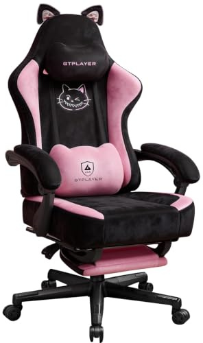 GTPOFFICE Gaming Chair Cute with Cat Ears, Ergonomic Computer Chair with Footrest Cat Paw Lumbar Support, Comfortable Adjustable Gaming Chair, Office Chair for Adults Teenagers Soft