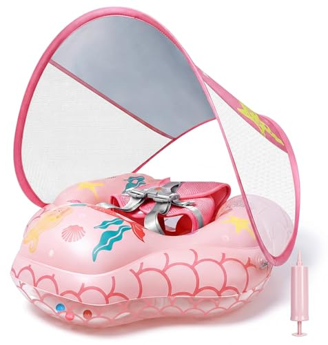 IEEILULU Salvagente Neonato, Ciambella Neonato Mare con Parasole Olare Rimovibile UPF50+, Salvagente Bambino con Adesivo di Riparazione per Piscina, Spiaggia, Vacanze da 6 a 36 Mesi (Rosa)
