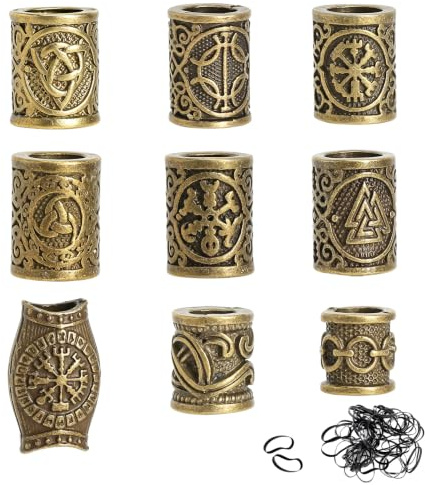 9 Perles pour Cheveux Viking Tresse Bijoux, Perles de Barbe pour Hommes | 9 Modèles de Perles de Barbe en Bronze, Cheveux avec élastique, Bijoux de Cheveux pour Hommes et Femmes, Diamètre : 6-7 mm
