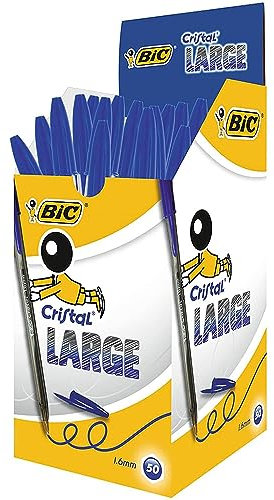 BIC Cristal Large Boligrafos de Punta Media, Para la Escuela, la Oficina o el Hogar, Azul, Paquete de 50 (1,6 mm)
