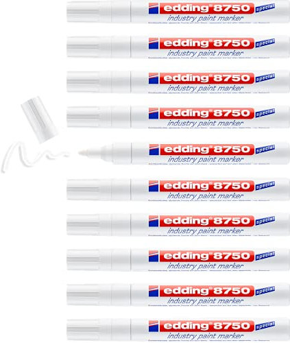 edding 8750 Industry Lackmarker - weiß - 10 Stifte - Rundspitze 2-4 mm - Lackmarker zum Schreiben auf staubigen, leicht öligen Oberflächen, Reifen, Metall, Glas und Holz - permanent, wasserfest