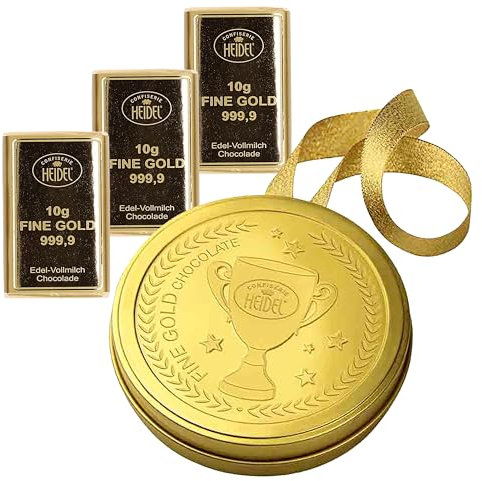 HEIDEL Confiserie Médaille en Chocolat Or - Coffret Cadeau Original 30g (3 boite de chocolate x 10g) au Lait - Pour les Gagnants - Parfait pour Anniversaires et Remerciements