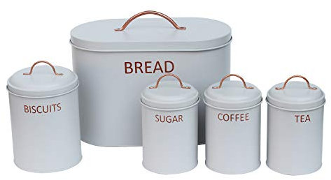 5PC Round Kitchen Storage Set: Bread Bin, Biscuit Tin and Tea, Coffee & Sugar Canister Set - Light Matt Grey - Vintage Classic Inspired Metal Storage Set.