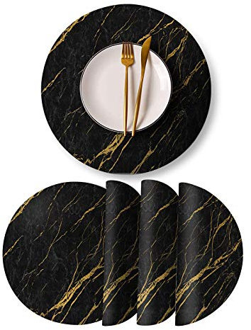Runde Tischsets aus Leder, 4 Stück, PU-Leder, wasserdicht, rutschfest, waschbar, hitzebeständig, Platzset für Küche, Esstisch - Schwarzer Marmor Gold Linie