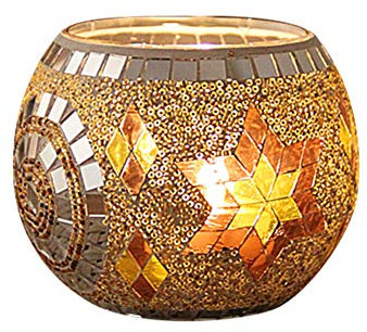 Mosaic Glass Candle Holder Vase Pen Holder, Crackled Glass Mosaic Tea Light Holder, Romantic Tea Light Candle Holder Home Decoration, 7 * 10.5cm (H)