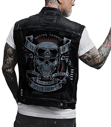 ORANDESIGNE Herren Jeansweste Denim Weste Totenkopf Drucken Mode Freizeit Jeansmantel Vintage Punk Graffiti Drucken Ärmellos Oberbekleidung mit Knöpfen C Schwarz XS