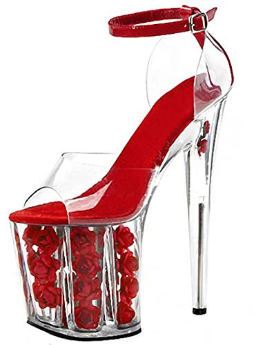20CM Cristal Clair Rose Plate-Forme Sandales Talon Aiguille Style Romain Robe de soirée Pompes Sexy discothèque Pole Dance Chaussures de Strip-teaseuse,Rouge,40 EU