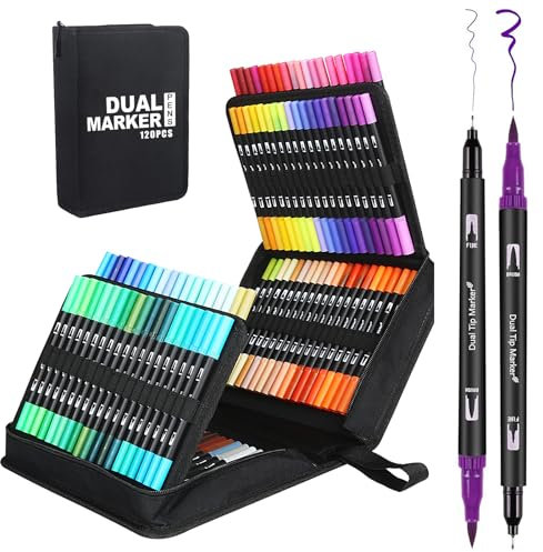 Funnasting Dual Tip Brush Pens, 120 Colors Felt Tip Pens, Colouring Pens for adults with Canvas Bag for Adult Coloring Books Drawing Sketching Bullet Journal Calligraphy