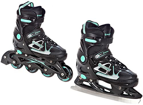 RAVEN Inline Skates Inliner für Kinder und Erwachsene OPTIONAL 2in1 mit Schlittschuhen verstellbar (Spirit Black/Mint mit Kufen, 40-43 (25,5-28cm)