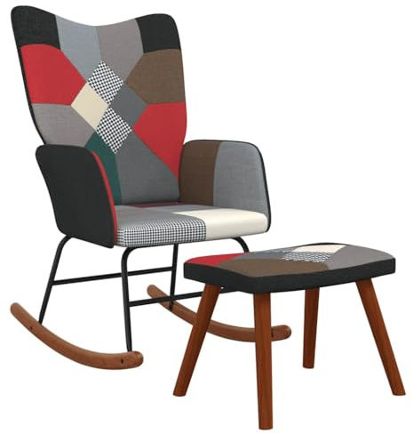 vidaXL Schaukelstuhl mit Hocker, Sessel Schwingstuhl mit Armlehne, Schaukelsessel Relaxstuhl Wohnzimmer, Relaxsessel Schwingsessel, Patchwork Stoff